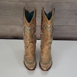 Women's Corral Vintage Tan Embroidered w/Studs Leather Western Boots Sz 9